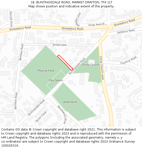 18, BUNTINGSDALE ROAD, MARKET DRAYTON, TF9 1LT: Location map and indicative extent of plot