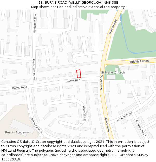 18, BURNS ROAD, WELLINGBOROUGH, NN8 3SB: Location map and indicative extent of plot