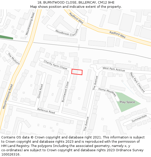 18, BURNTWOOD CLOSE, BILLERICAY, CM12 9HE: Location map and indicative extent of plot