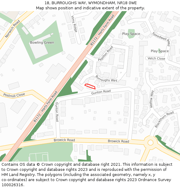18, BURROUGHS WAY, WYMONDHAM, NR18 0WE: Location map and indicative extent of plot