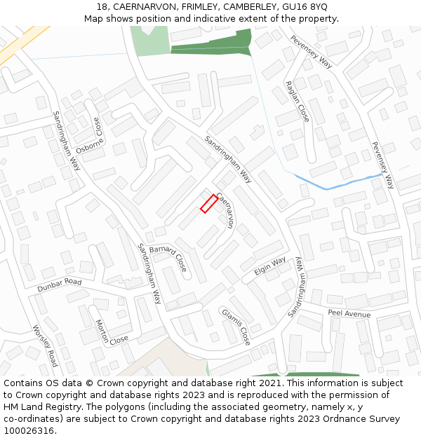 18, CAERNARVON, FRIMLEY, CAMBERLEY, GU16 8YQ: Location map and indicative extent of plot