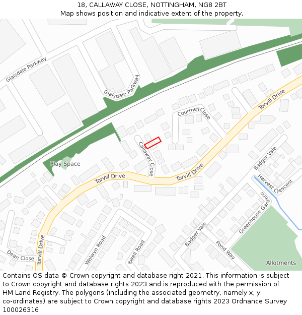 18, CALLAWAY CLOSE, NOTTINGHAM, NG8 2BT: Location map and indicative extent of plot