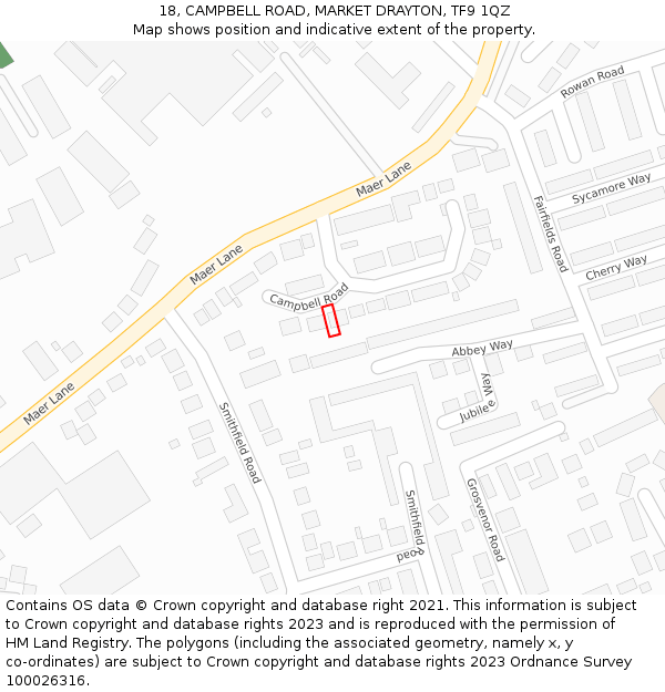 18, CAMPBELL ROAD, MARKET DRAYTON, TF9 1QZ: Location map and indicative extent of plot