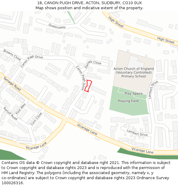 18, CANON PUGH DRIVE, ACTON, SUDBURY, CO10 0UX: Location map and indicative extent of plot