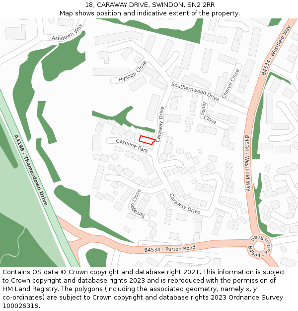 18, CARAWAY DRIVE, SWINDON, SN2 2RR: Location map and indicative extent of plot