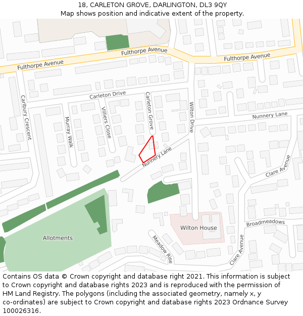 18, CARLETON GROVE, DARLINGTON, DL3 9QY: Location map and indicative extent of plot