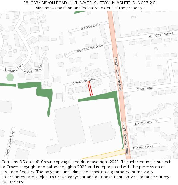 18, CARNARVON ROAD, HUTHWAITE, SUTTON-IN-ASHFIELD, NG17 2JQ: Location map and indicative extent of plot