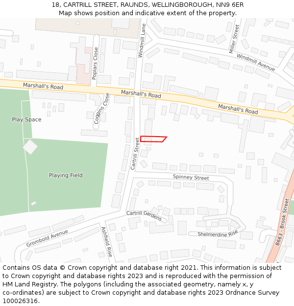 18, CARTRILL STREET, RAUNDS, WELLINGBOROUGH, NN9 6ER: Location map and indicative extent of plot