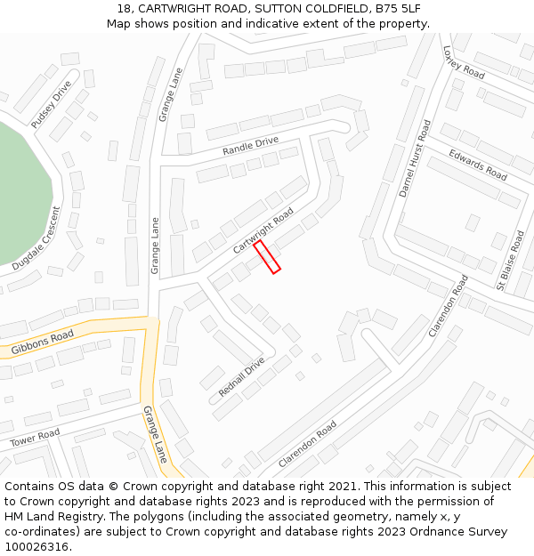 18, CARTWRIGHT ROAD, SUTTON COLDFIELD, B75 5LF: Location map and indicative extent of plot
