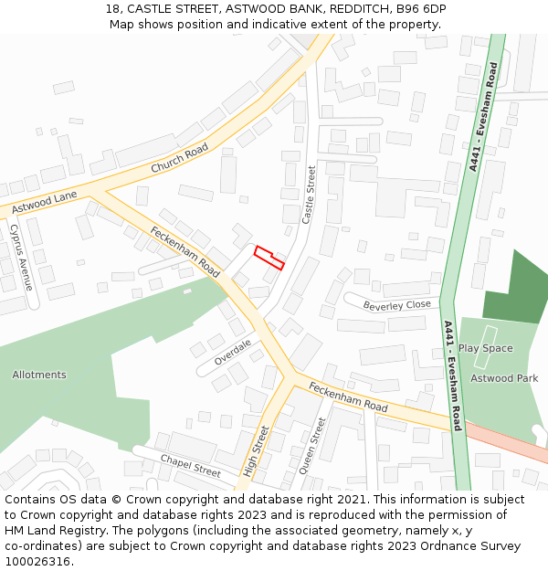 18, CASTLE STREET, ASTWOOD BANK, REDDITCH, B96 6DP: Location map and indicative extent of plot