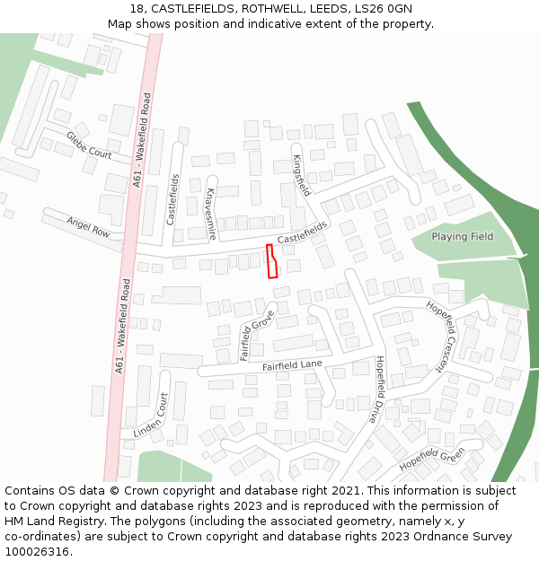 18, CASTLEFIELDS, ROTHWELL, LEEDS, LS26 0GN: Location map and indicative extent of plot