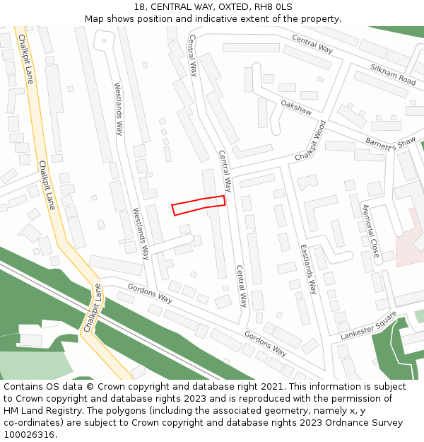 18, CENTRAL WAY, OXTED, RH8 0LS: Location map and indicative extent of plot