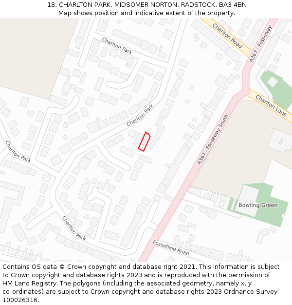 18, CHARLTON PARK, MIDSOMER NORTON, RADSTOCK, BA3 4BN: Location map and indicative extent of plot