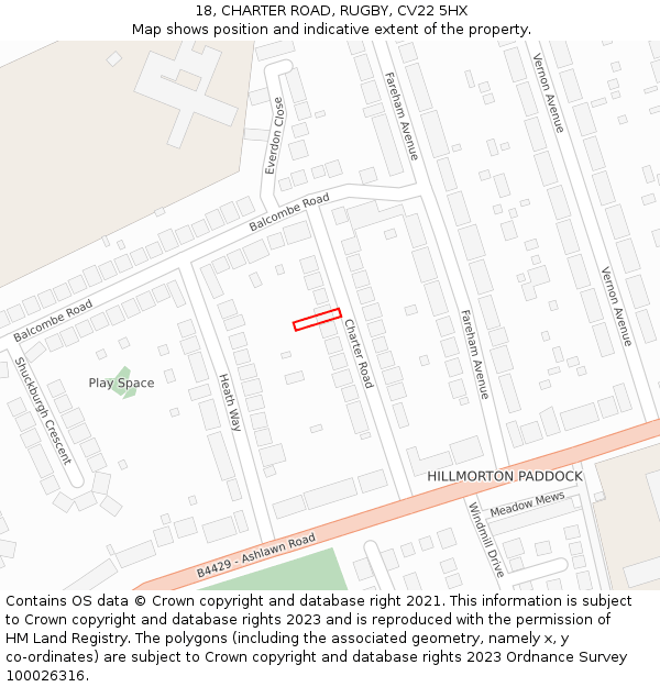 18, CHARTER ROAD, RUGBY, CV22 5HX: Location map and indicative extent of plot