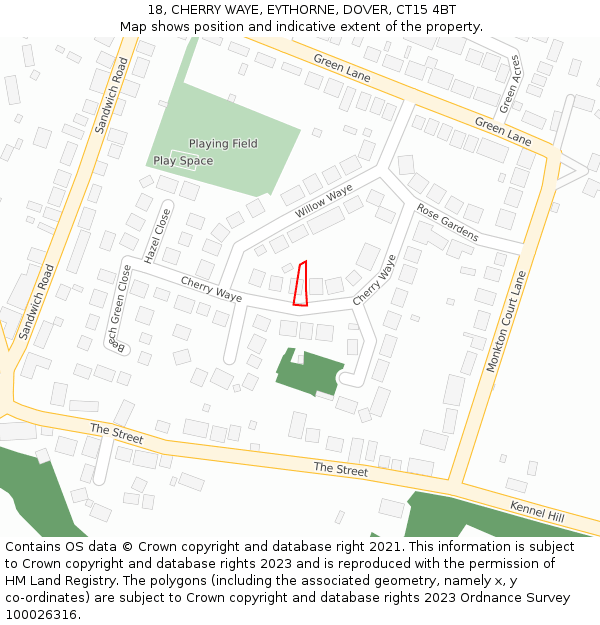 18, CHERRY WAYE, EYTHORNE, DOVER, CT15 4BT: Location map and indicative extent of plot