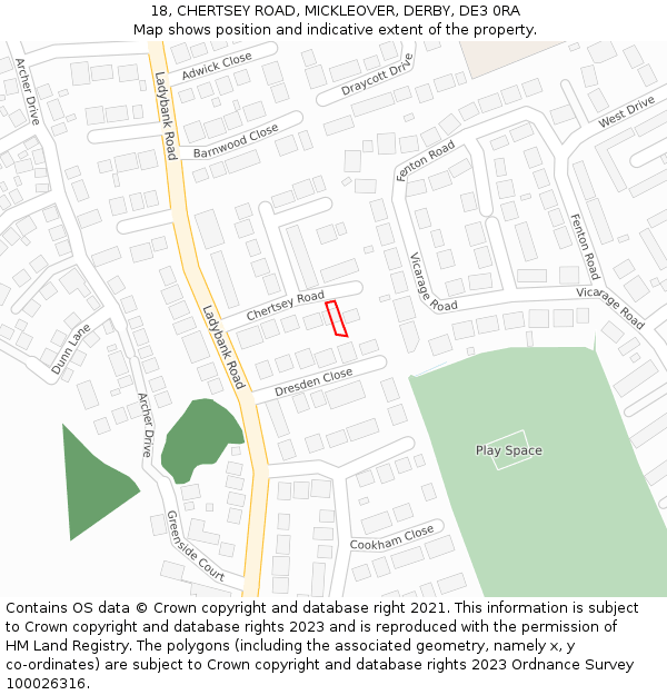 18, CHERTSEY ROAD, MICKLEOVER, DERBY, DE3 0RA: Location map and indicative extent of plot