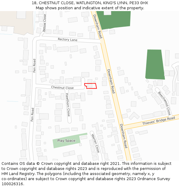 18, CHESTNUT CLOSE, WATLINGTON, KING'S LYNN, PE33 0HX: Location map and indicative extent of plot