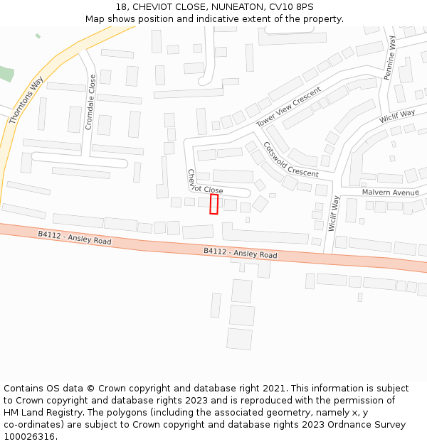 18, CHEVIOT CLOSE, NUNEATON, CV10 8PS: Location map and indicative extent of plot