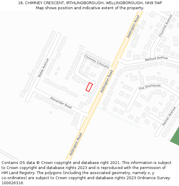 18, CHIMNEY CRESCENT, IRTHLINGBOROUGH, WELLINGBOROUGH, NN9 5WF: Location map and indicative extent of plot