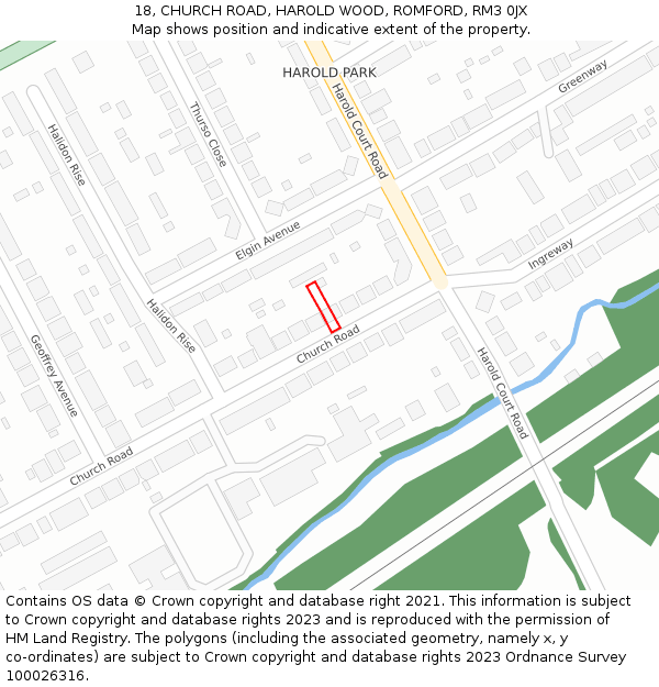 18, CHURCH ROAD, HAROLD WOOD, ROMFORD, RM3 0JX: Location map and indicative extent of plot