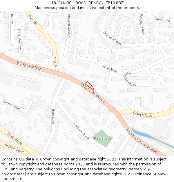 18, CHURCH ROAD, PENRYN, TR10 8BZ: Location map and indicative extent of plot