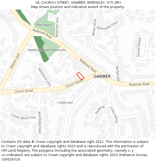 18, CHURCH STREET, GAWBER, BARNSLEY, S75 2RH: Location map and indicative extent of plot