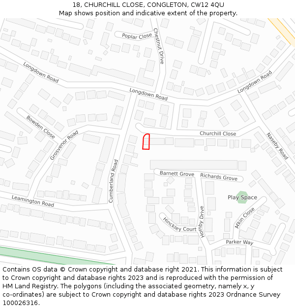 18, CHURCHILL CLOSE, CONGLETON, CW12 4QU: Location map and indicative extent of plot