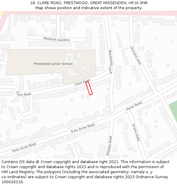 18, CLARE ROAD, PRESTWOOD, GREAT MISSENDEN, HP16 0NR: Location map and indicative extent of plot