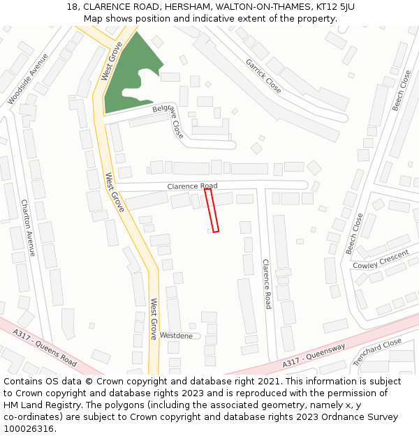 18, CLARENCE ROAD, HERSHAM, WALTON-ON-THAMES, KT12 5JU: Location map and indicative extent of plot