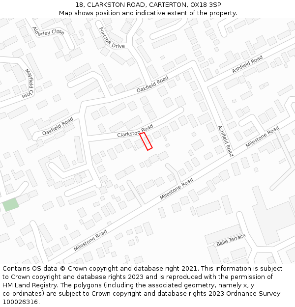 18, CLARKSTON ROAD, CARTERTON, OX18 3SP: Location map and indicative extent of plot