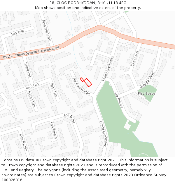 18, CLOS BODRHYDDAN, RHYL, LL18 4FG: Location map and indicative extent of plot