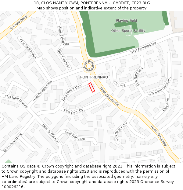 18, CLOS NANT Y CWM, PONTPRENNAU, CARDIFF, CF23 8LG: Location map and indicative extent of plot