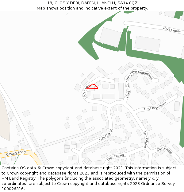 18, CLOS Y DERI, DAFEN, LLANELLI, SA14 8QZ: Location map and indicative extent of plot