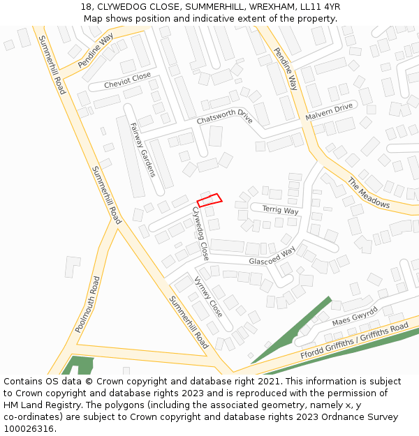 18, CLYWEDOG CLOSE, SUMMERHILL, WREXHAM, LL11 4YR: Location map and indicative extent of plot