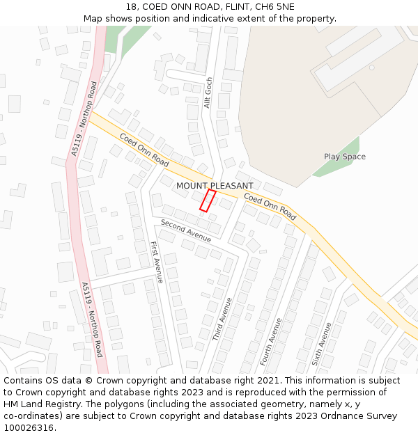 18, COED ONN ROAD, FLINT, CH6 5NE: Location map and indicative extent of plot
