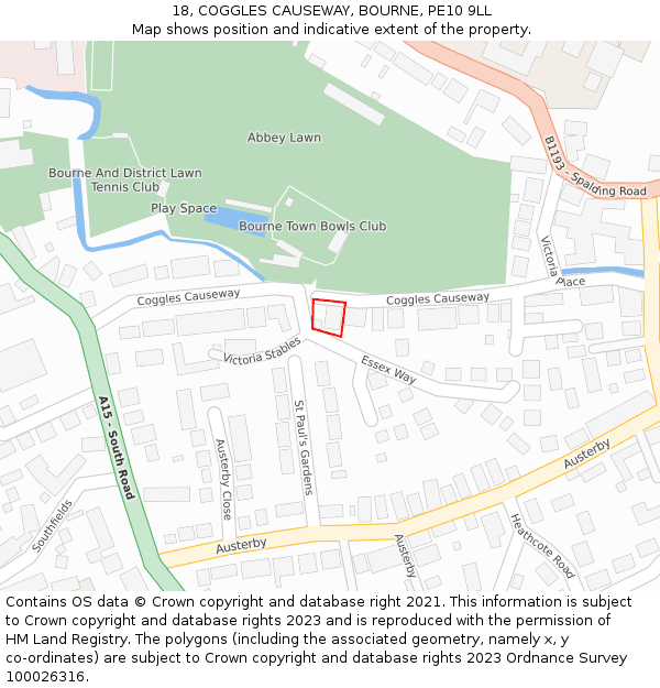 18, COGGLES CAUSEWAY, BOURNE, PE10 9LL: Location map and indicative extent of plot