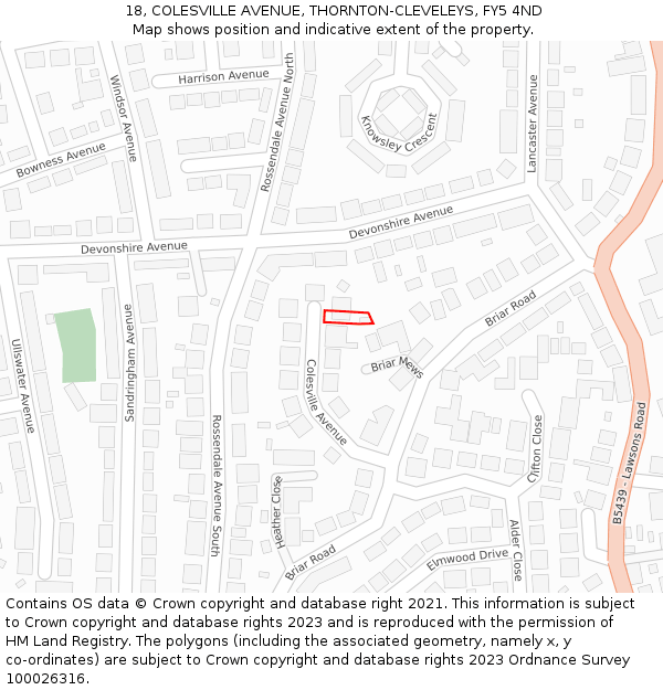 18, COLESVILLE AVENUE, THORNTON-CLEVELEYS, FY5 4ND: Location map and indicative extent of plot