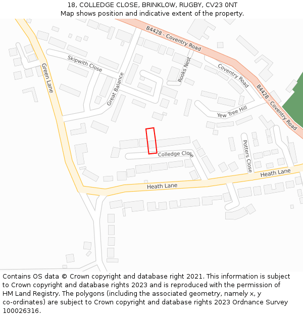 18, COLLEDGE CLOSE, BRINKLOW, RUGBY, CV23 0NT: Location map and indicative extent of plot