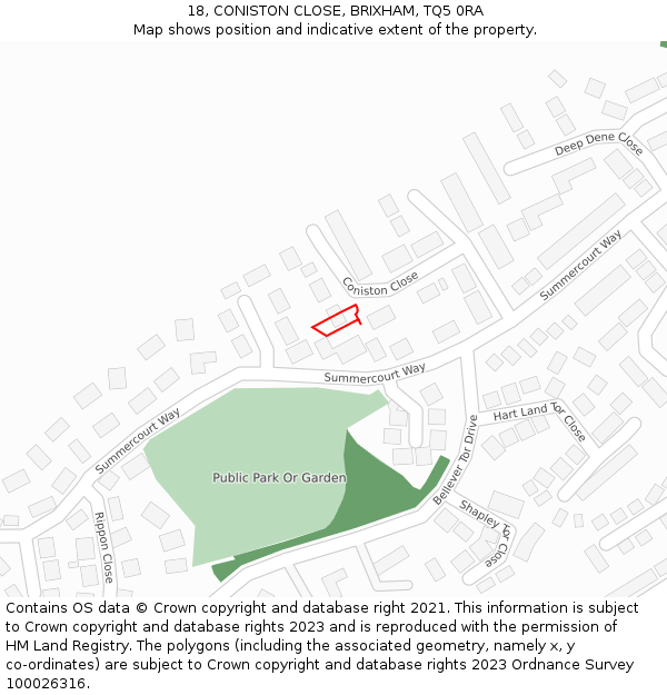 18, CONISTON CLOSE, BRIXHAM, TQ5 0RA: Location map and indicative extent of plot