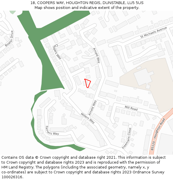 18, COOPERS WAY, HOUGHTON REGIS, DUNSTABLE, LU5 5US: Location map and indicative extent of plot