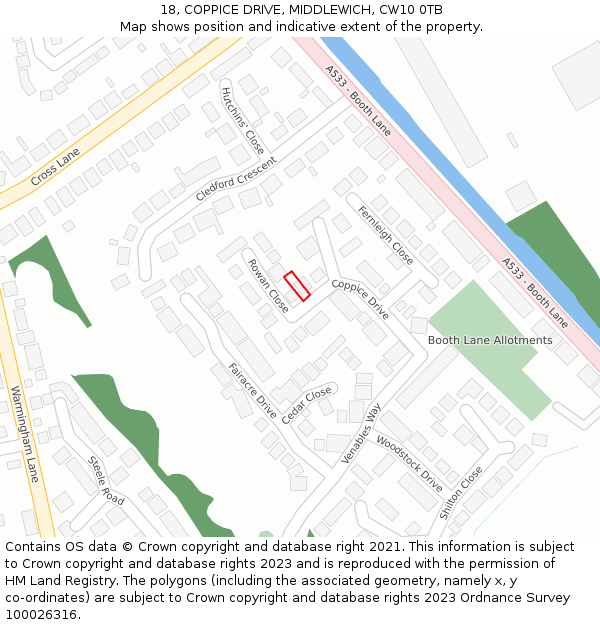 18, COPPICE DRIVE, MIDDLEWICH, CW10 0TB: Location map and indicative extent of plot