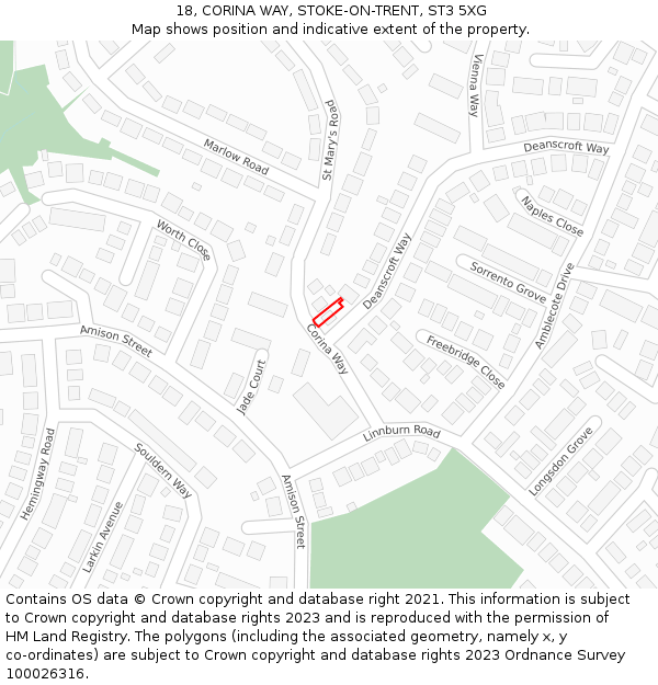 18, CORINA WAY, STOKE-ON-TRENT, ST3 5XG: Location map and indicative extent of plot