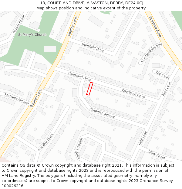 18, COURTLAND DRIVE, ALVASTON, DERBY, DE24 0GJ: Location map and indicative extent of plot