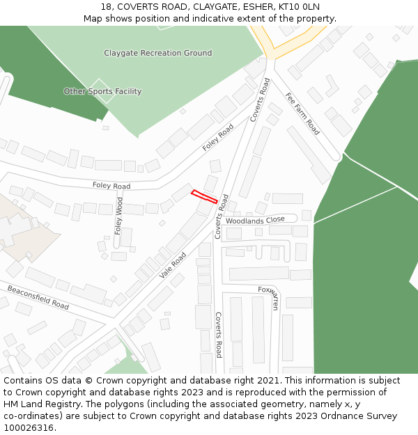 18, COVERTS ROAD, CLAYGATE, ESHER, KT10 0LN: Location map and indicative extent of plot