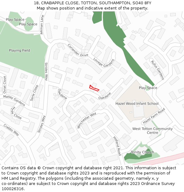 18, CRABAPPLE CLOSE, TOTTON, SOUTHAMPTON, SO40 8FY: Location map and indicative extent of plot