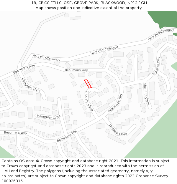 18, CRICCIETH CLOSE, GROVE PARK, BLACKWOOD, NP12 1GH: Location map and indicative extent of plot