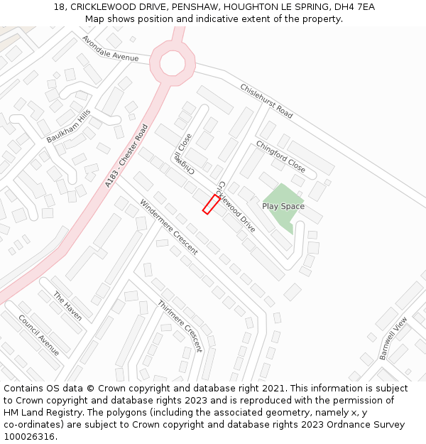 18, CRICKLEWOOD DRIVE, PENSHAW, HOUGHTON LE SPRING, DH4 7EA: Location map and indicative extent of plot