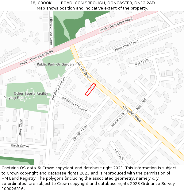 18, CROOKHILL ROAD, CONISBROUGH, DONCASTER, DN12 2AD: Location map and indicative extent of plot