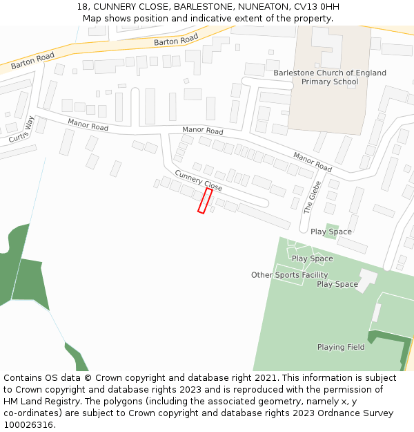 18, CUNNERY CLOSE, BARLESTONE, NUNEATON, CV13 0HH: Location map and indicative extent of plot