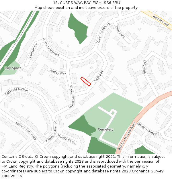 18, CURTIS WAY, RAYLEIGH, SS6 8BU: Location map and indicative extent of plot
